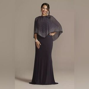 OLEG CASSINI Jersey Cape‎ Gown Sparkle Embellishment 20 20W Wedding Party Blue